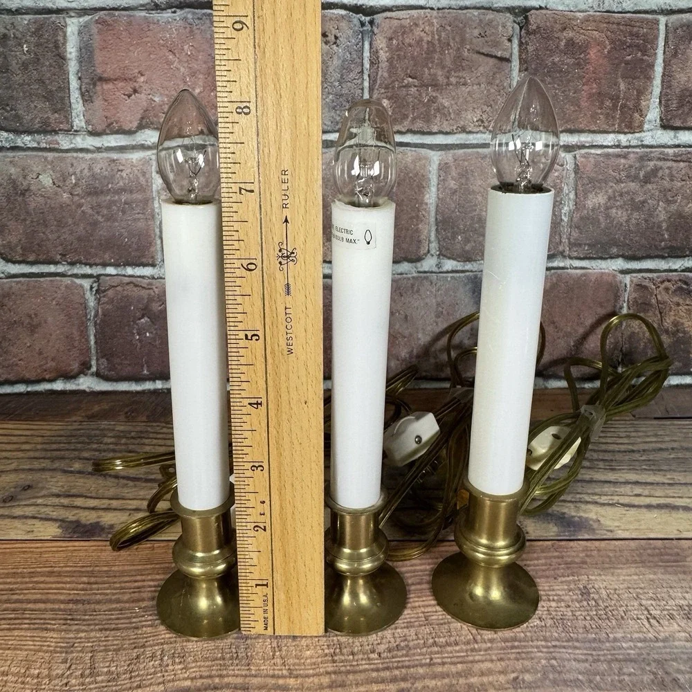 Vtg‎ Solid Brass Base Electric Window Candles Set of 3 Toggle Switch Taiwan